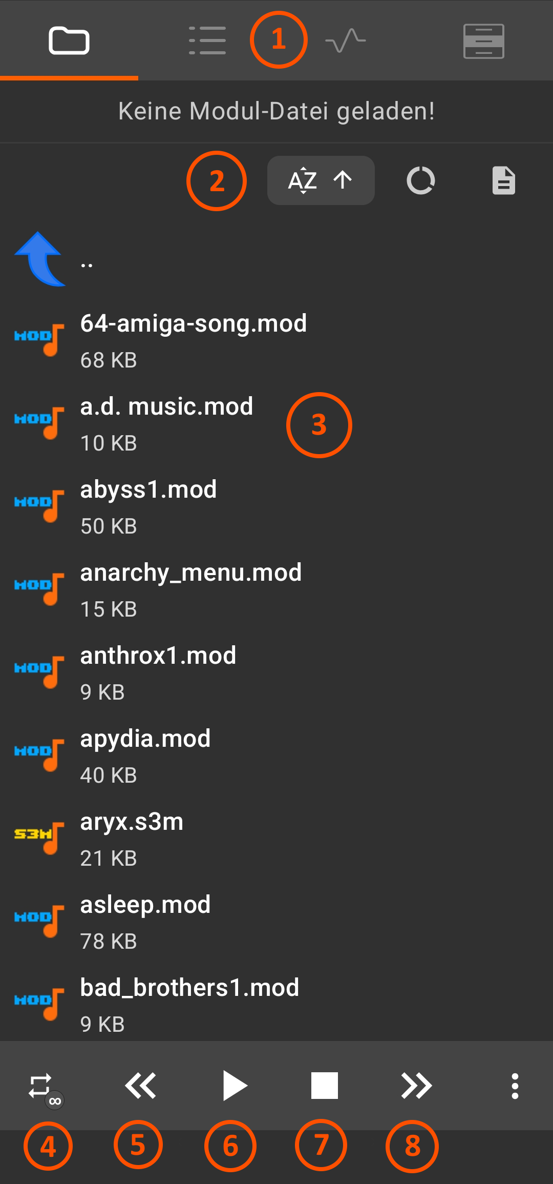 Annotated app screenshot with controls 1 to 9